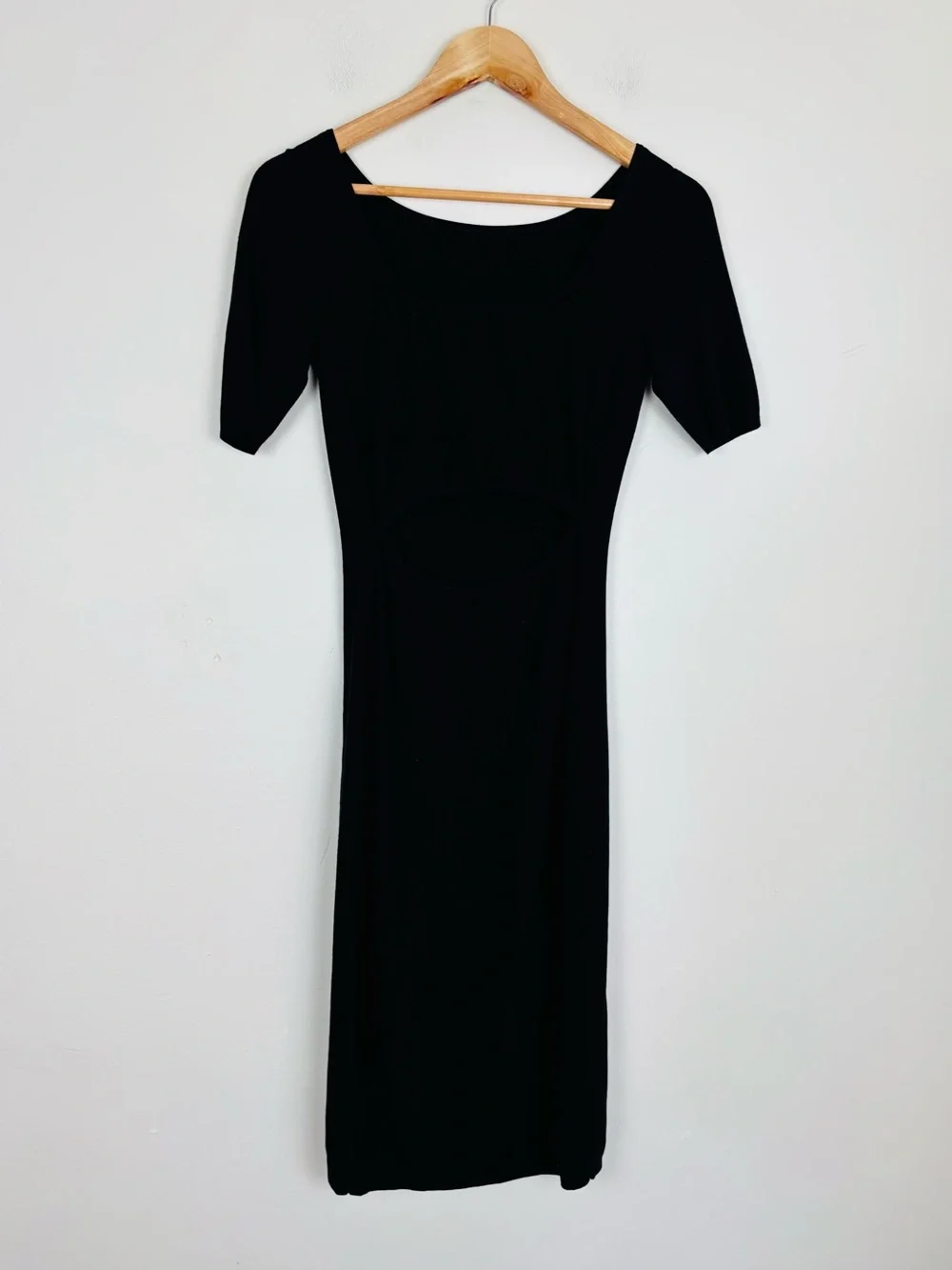 Theory Black Knit Midi Dress Open Back Cutout Minimalist Sheath S